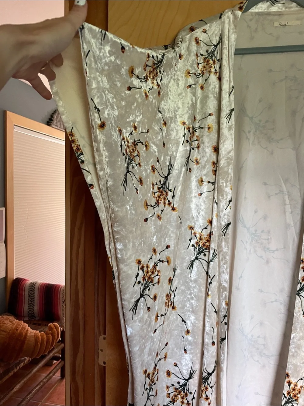 Floreat Cream Velvet Floral Kimono Robe with Gold Accents